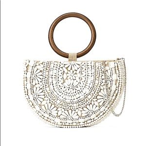 Zara Natural White Beaded Half Moon Oval Crossbody Handbag